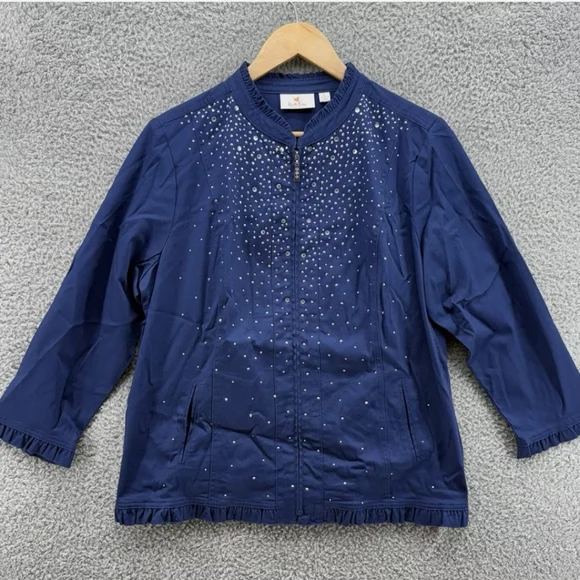 Quacker Factory Sparkle Stretch Embellished Ruffle Navy Blue Jacket - Picture 12 of 13